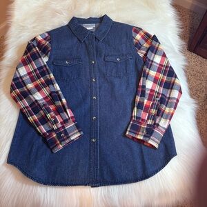 Women’s Country Store Blue Jean Shirt with Flannel Sleeves Medium NEW